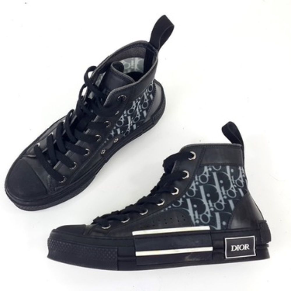 Dior B23 High Top Black Oblique Canvas Leather High Top Sneakers Size 36